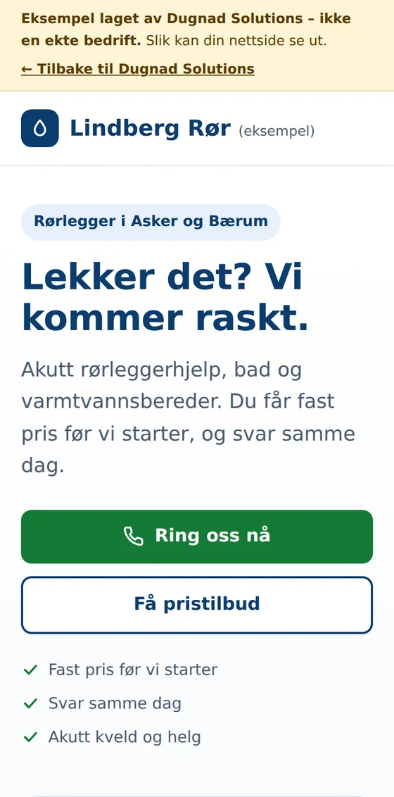 Skjermbilde av eksempelsiden for Lindberg Rør, et oppdiktet rørleggerfirma, på mobil